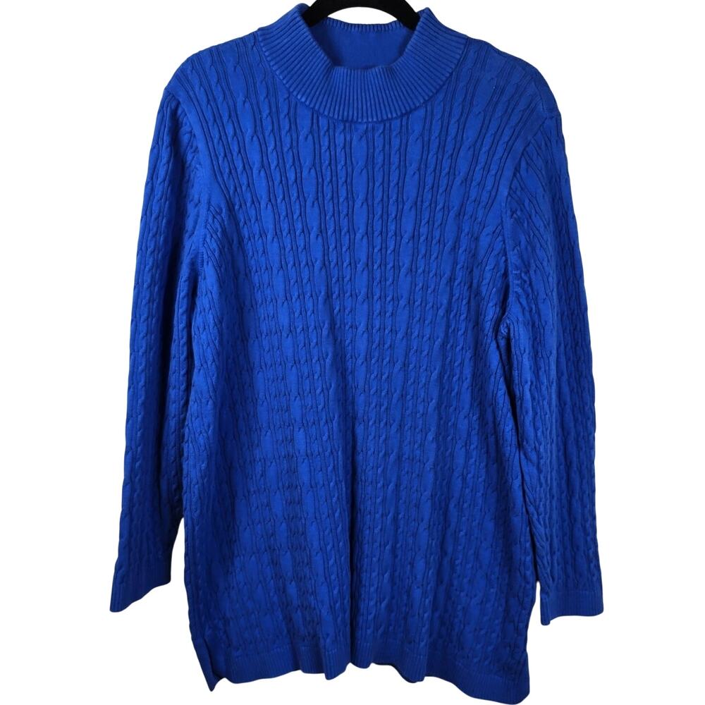 Lands End Sweater Women's 2X Blue Cable Knit Cotton Classic Winter Wardrobe